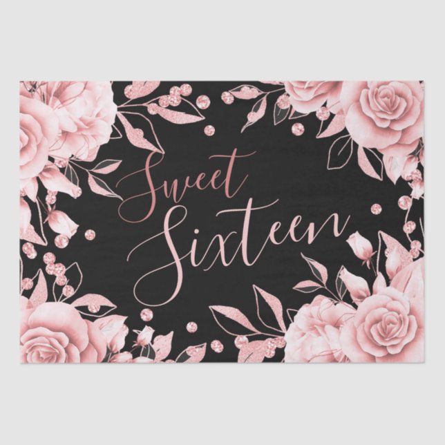 Rose Gold Black Sweet 16 Birthday Party Floral Tissue Paper (Front)