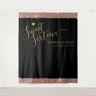 Rose Gold Black Sweet 16 Glitter Confetti Backdrop Tapestry
