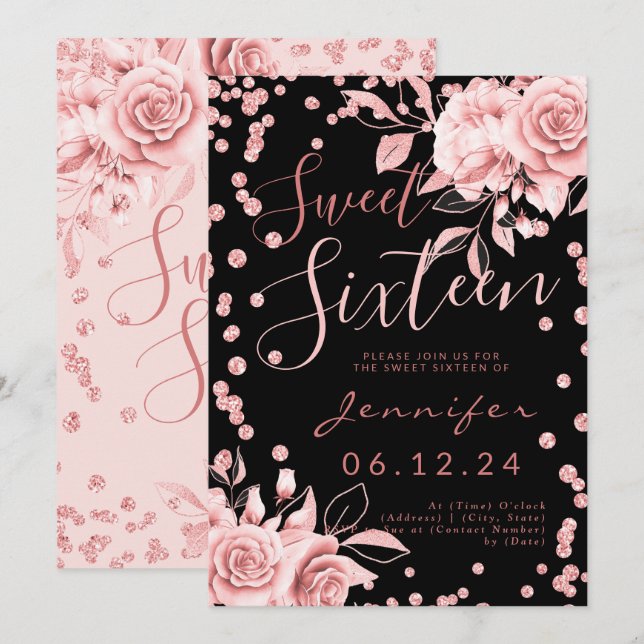 Rose Gold Black Sweet 16 Glitter Confetti Floral Invitation (Front/Back)