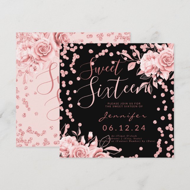 Rose Gold Black Sweet 16 Glitter Confetti Floral Invitation (Front/Back)