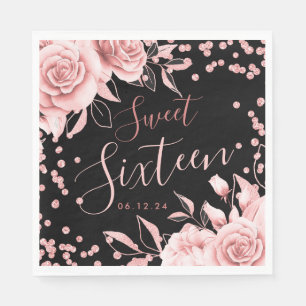 Rose Gold Black Sweet 16 Glitter Confetti Floral Napkin