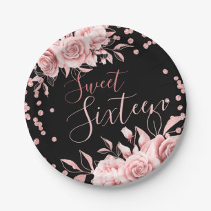 Rose Gold Black Sweet 16 Glitter Confetti Floral Paper Plate