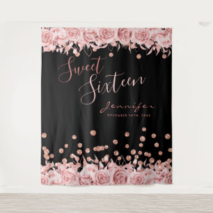 Rose Gold Black Sweet 16 Glitter Confetti Floral Tapestry