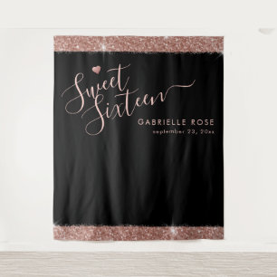 Rose Gold Black Sweet 16 Glitter Photo Backdrop Tapestry