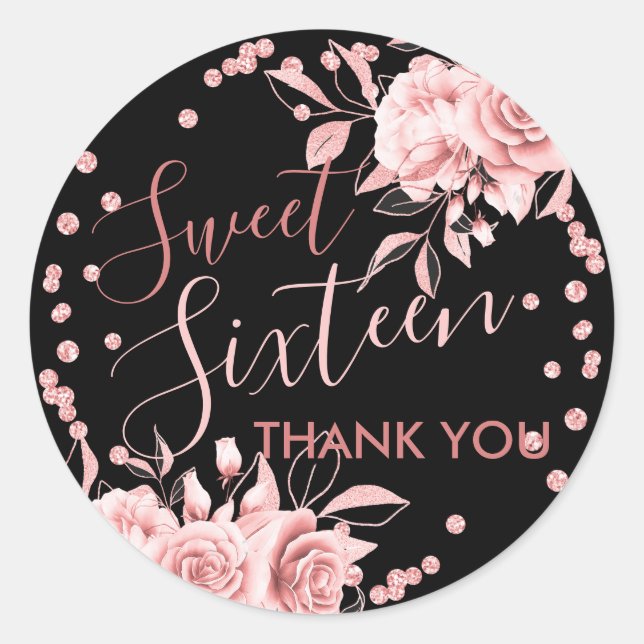 Rose Gold Black Sweet 16 Thank You Floral Glitter Classic Round Sticker (Front)