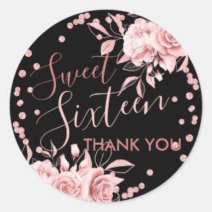 Rose Gold Black Sweet 16 Thank You Floral Glitter Classic Round Sticker
