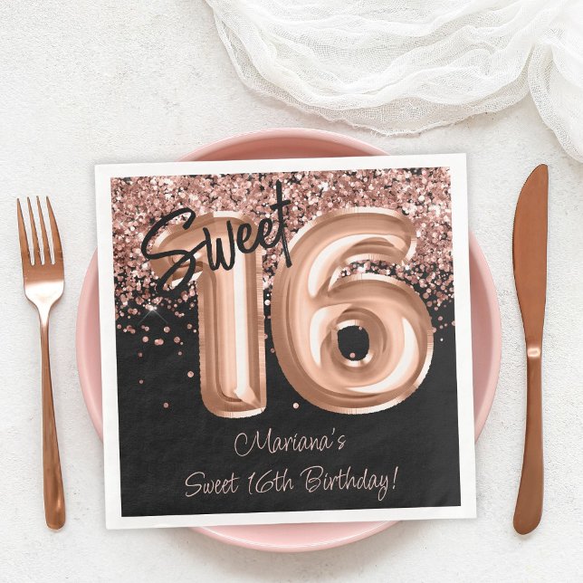 Rose Gold Black Sweet 16th Birthday Party Napkin (Creator Uploaded)