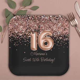 Rose Gold Black Sweet 16th Birthday Party Paper Plate