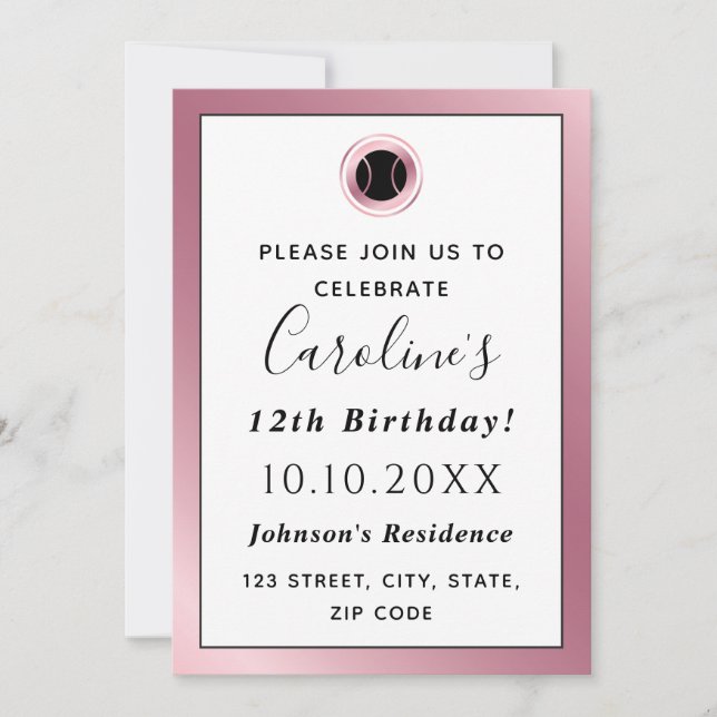 Rose Gold Black Tennis Ball Cute Girly Athletic Invitation (Front)
