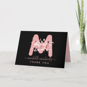 Rose Gold Black Thank You Floral Monogram Card