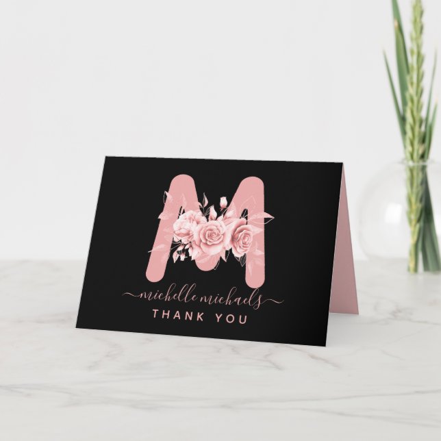 Rose Gold Black Thank You Floral Monogram Card (Front)