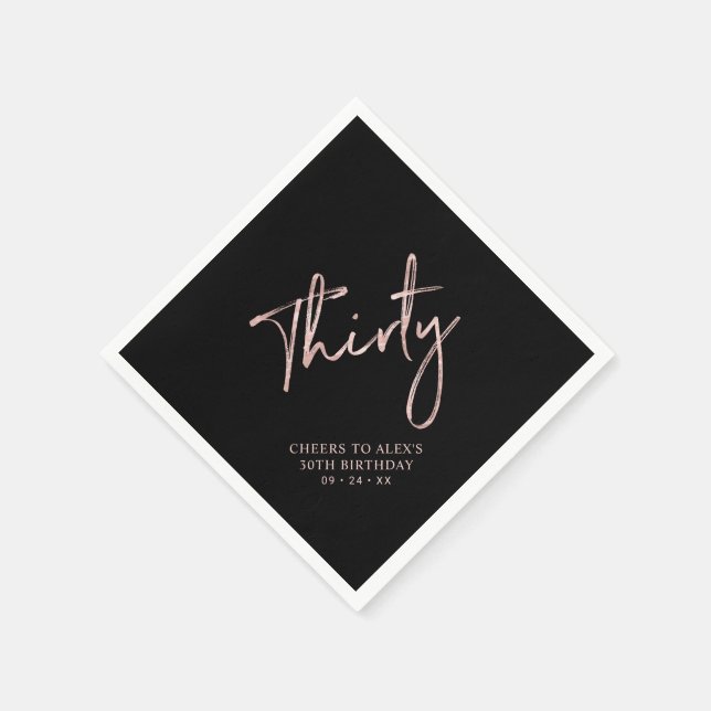 Rose Gold & Black Thirty Adult 30th Birthday Party Napkin (Corner)