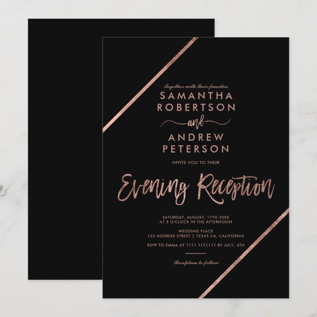 Rose gold black typography evening wedding invitation (Front/Back)