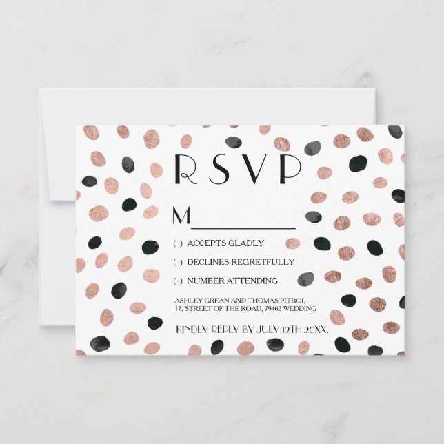 Rose gold black watercolor dots rsvp wedding (Front)
