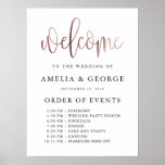 Rose Gold black welcome order of events  Poster<br><div class="desc">This is a beautiful portrait poster welcome order of events wedding sign featuring script text in black and rose gold texture.</div>