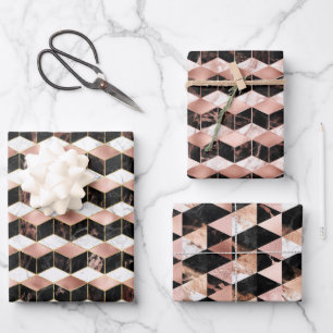 Rose Gold, Black & White Marble Texture Geometric Wrapping Paper Sheet