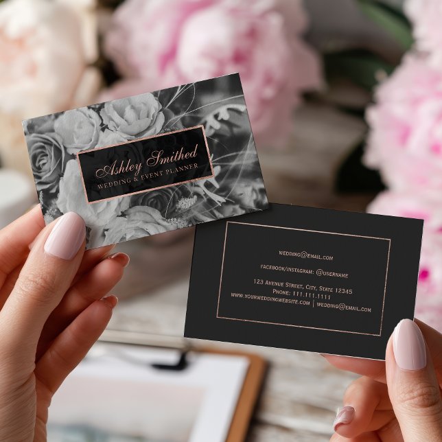 Rose gold black white wedding event planner photo business card (Rose gold black white wedding event planner photo business card)