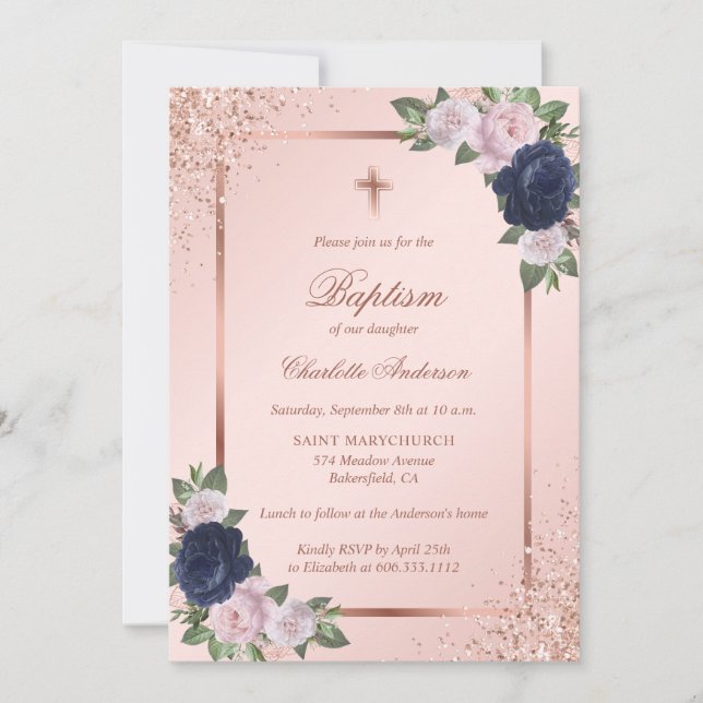 Rose Gold Blue Blush Pink Floral Girl Baptism Invitation (Front)