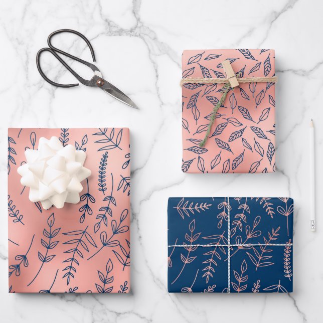 Rose Gold Blue Botanical All Occasion Wrapping Paper Sheet (Front)