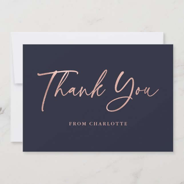 Rose Gold  Blue Elegant Script Modern  Thank You Card (Front)