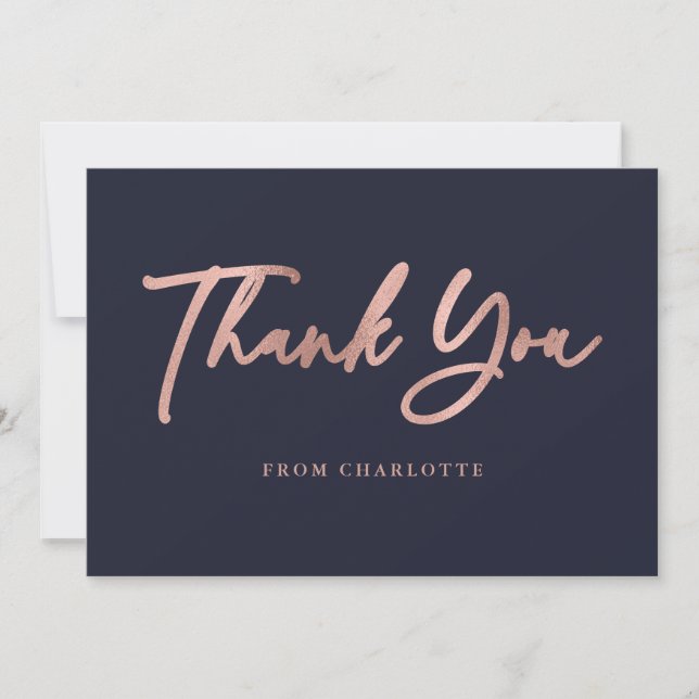 Rose Gold  Blue Elegant Script Modern  Thank You Card (Front)