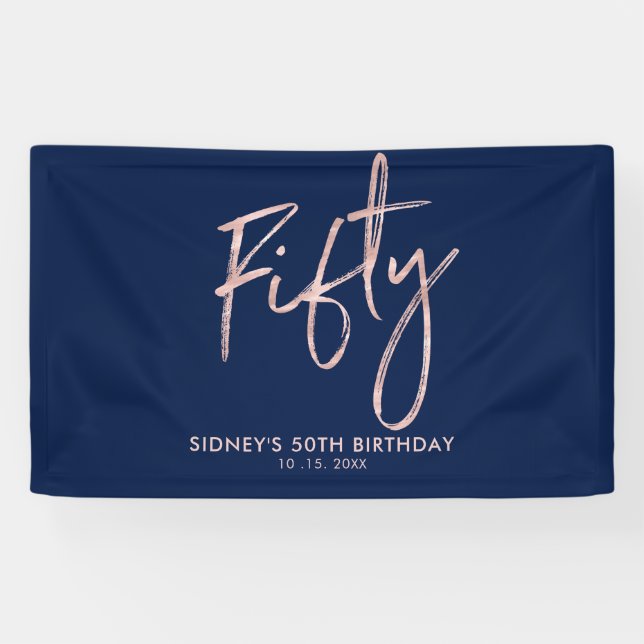 Rose gold & Blue Fifty 50th Birthday Party Banner (Horizontal)