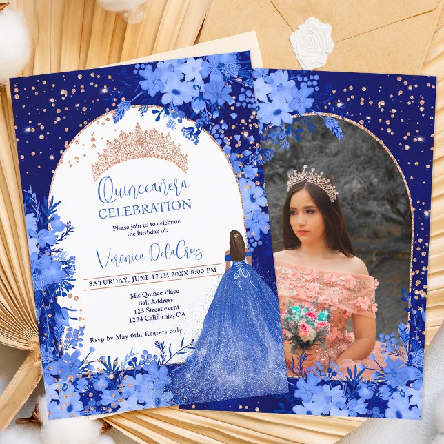 Rose gold blue floral tiara princess Quinceanera Invitation (Creator Uploaded)