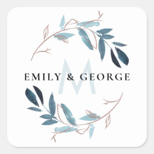 ROSE GOLD BLUE FOLIAGE MONOGRAM WREATH WEDDING SQUARE STICKER