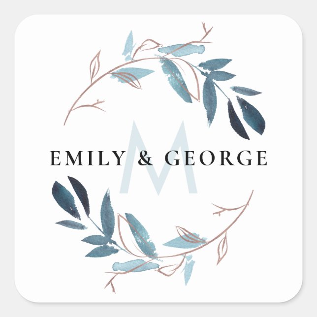 ROSE GOLD BLUE FOLIAGE MONOGRAM WREATH WEDDING SQUARE STICKER (Front)