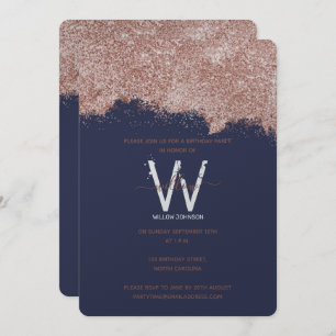 Rose Gold Blue Girly Glitter Any Year Birthday Invitation