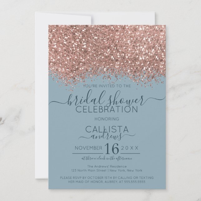 Rose Gold Blue Glitter Confetti Bridal Shower Invitation (Front)