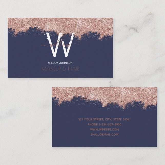 Rose Gold Blue Glitter Makeup Artist Hair Salon Business Card (Front/Back)