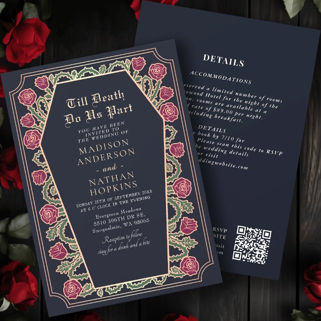 Rose Gold Blue Gothic Coffin Wedding QR Code Invitation (Creator Uploaded)