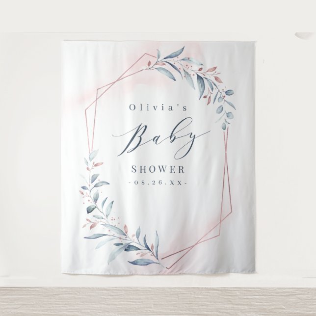 Rose Gold Blue Greenery Baby Shower Photo Backdrop Tapestry (Front)