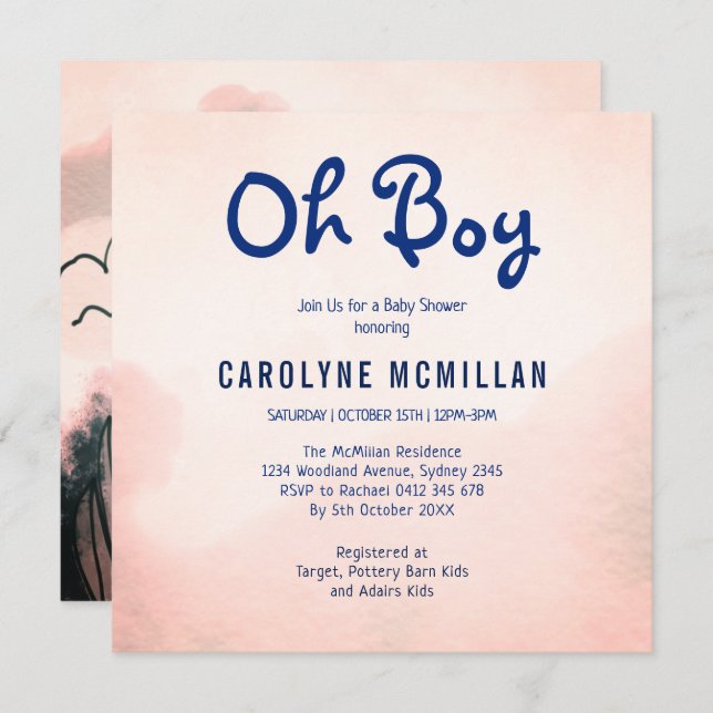 Rose Gold Blue Greenery Botanical Baby Boy Shower Invitation (Front/Back)