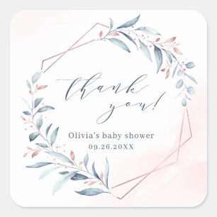 Rose Gold Blue Greenery Geometric Baby Shower Square Sticker