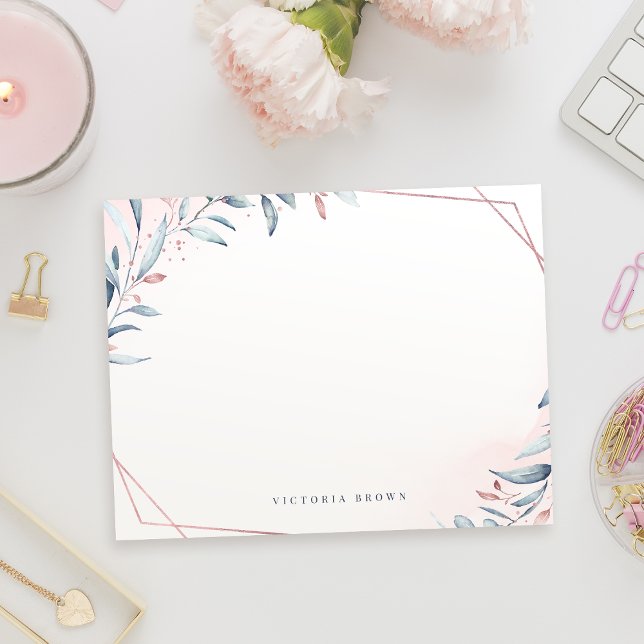 Rose Gold Blue Greenery Personalised Stationery  Card (Rose Gold Blue Greenery Personalized Stationery Note Card)