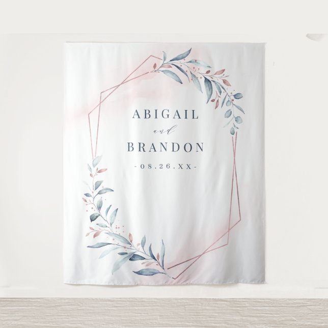 Rose Gold Blue Greenery Wedding Photo Backdrop Tapestry (Front)