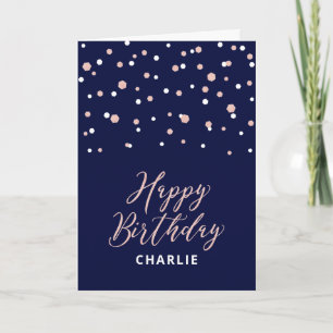 Rose Gold & Blue Happy Birthday Name Greeting Card