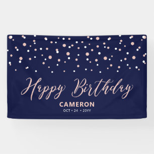 Rose Gold & Blue Hexagon Confetti Happy Birthday Banner