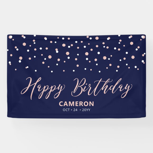 Rose Gold & Blue Hexagon Confetti Happy Birthday Banner (Horizontal)