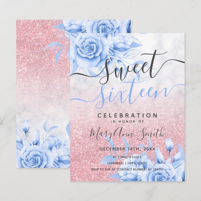 Rose Gold  Blue Marble Floral Glitter Sweet 16  Invitation (Front/Back)
