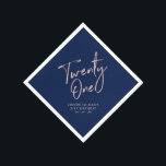 Rose Gold & Blue Modern Adult 21st Birthday Party Napkin<br><div class="desc">This custom paper napkin will add stylish detail to your 21st birthday celebration. This design features simple chic rose gold lettering "Twenty One" on a navy blue background colour. Matching invitations and party supplies are available in my shop BaraBomDesign.</div>
