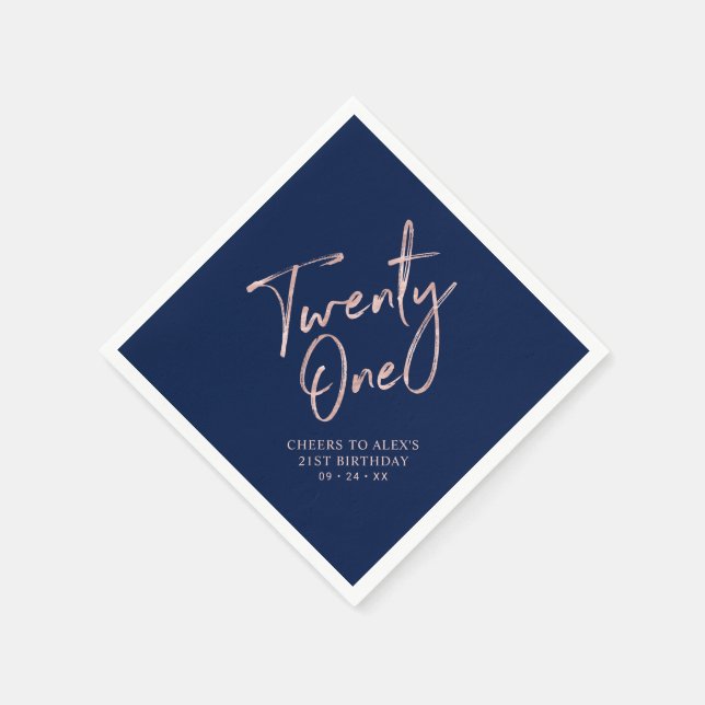 Rose Gold & Blue Modern Adult 21st Birthday Party Napkin (Corner)