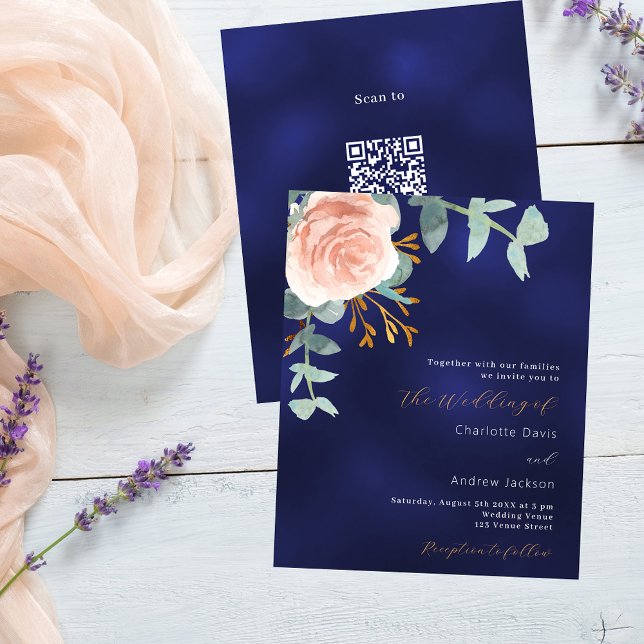 Rose gold blue QR RSVP budget wedding invitation (Creator Uploaded)