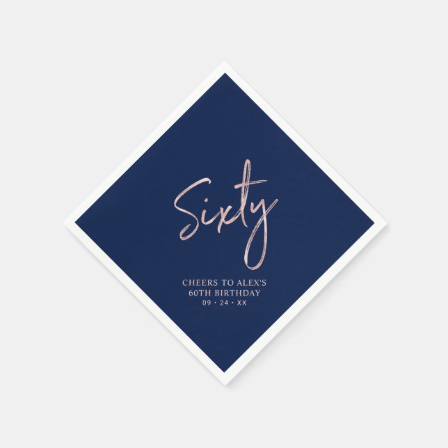 Rose gold & Blue Sixty Adult 60th Birthday Party Napkin (Corner)