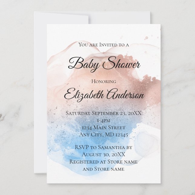 Rose Gold Blue Splash Baby Boy Baby Girl Invitation (Front)