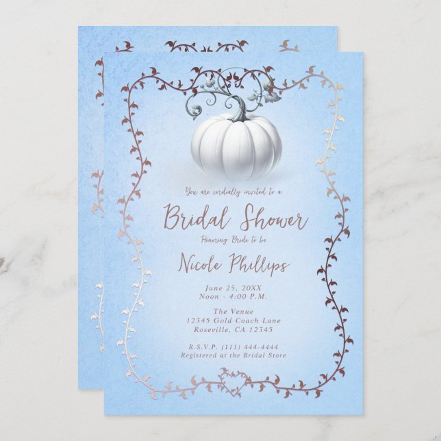 Rose Gold Blue Storybook White Pumpkin Bridal  Invitation (Front/Back)