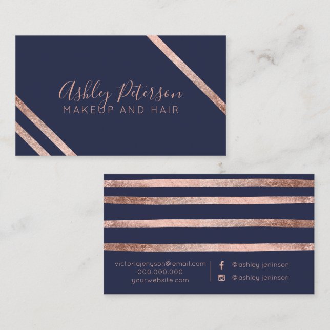 Rose gold blue stripes hair makeup typography business card (Front/Back)