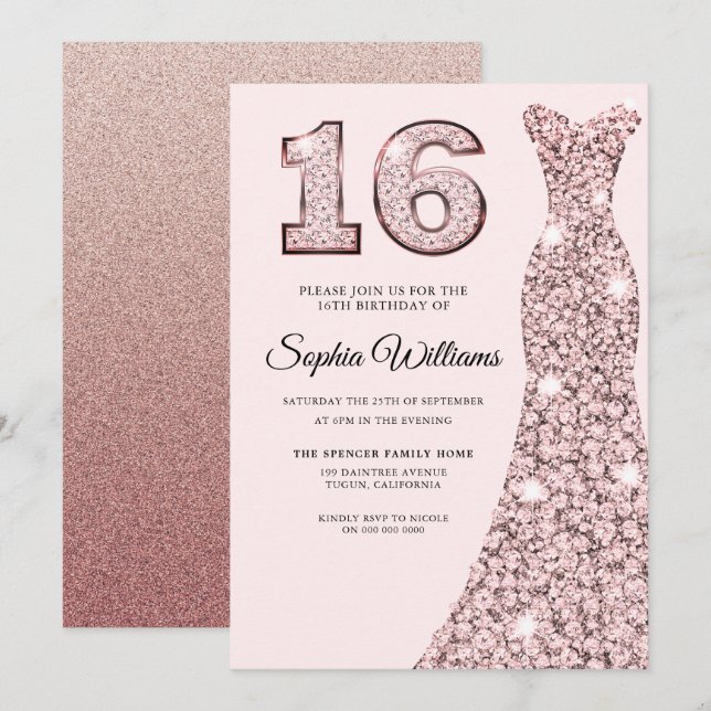 Rose Gold Bluish Dress 16th Birthday Sweet 16 Invitation (Front/Back)